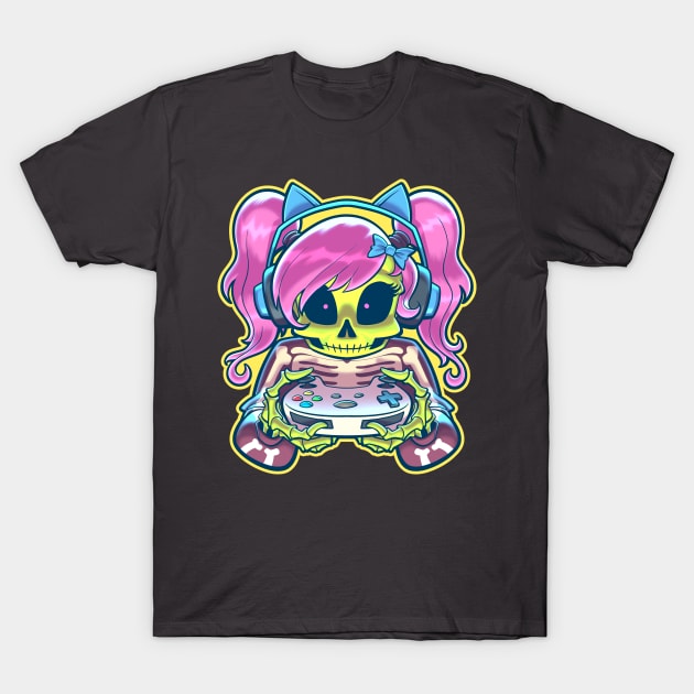 Skeleton Gamer Girl T-Shirt by tommartinart